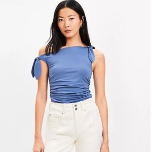 NWT LOFT XS Women's Slate Blue Bow Toe Shirred Top